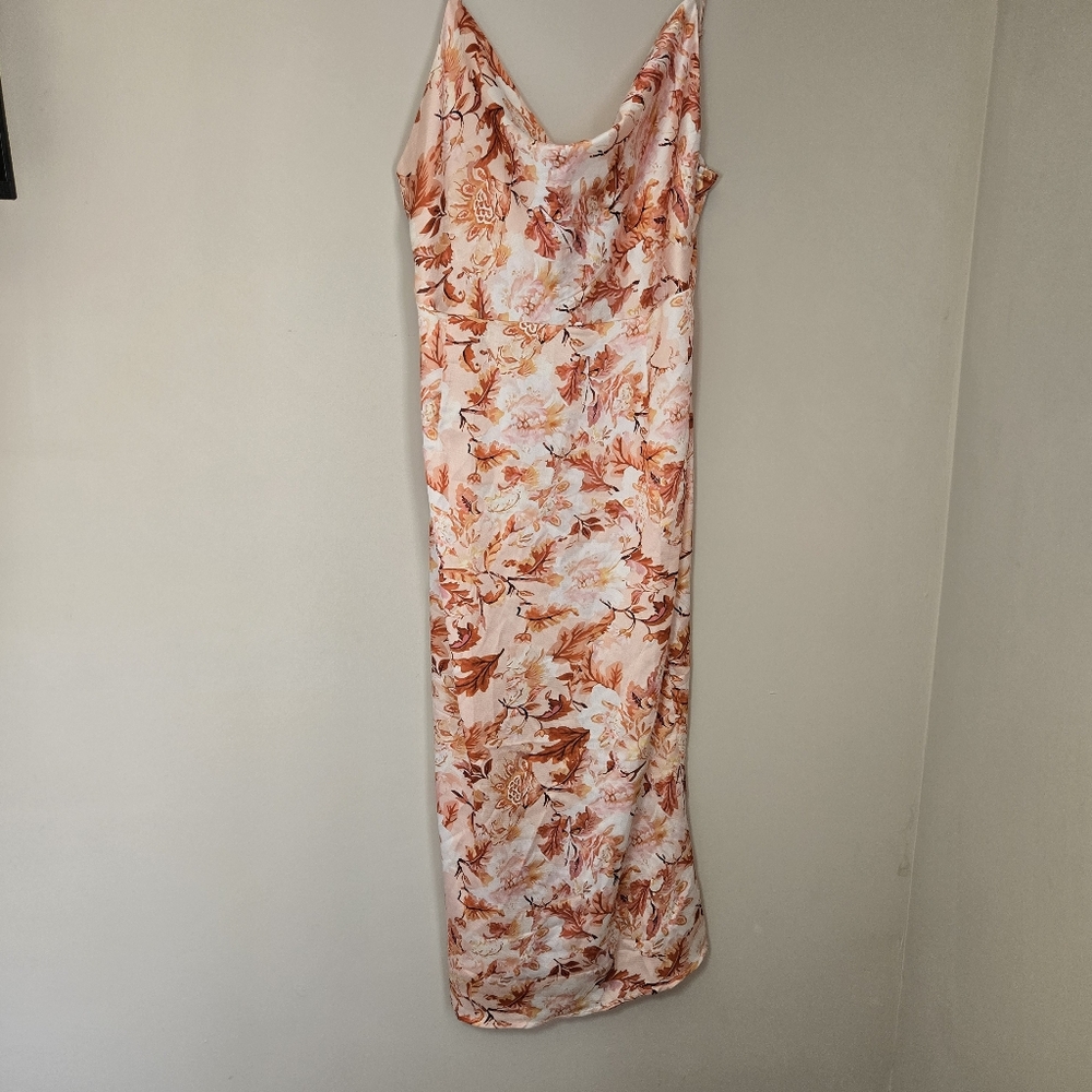 Satin Cowl Neck Spagetti Strap Floral Midi Dress - Orange, Cream-  New with Tags
